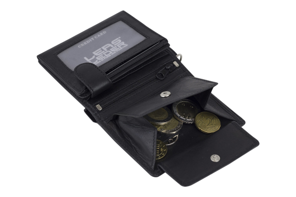 EAS Biker Mini Geldbörse mit Riegel und Kette extra dünn im Hochformat, flaches Portemonnaie mit RFID Schutz Folie mit Geschenk Box Echt-Leder, schwarz